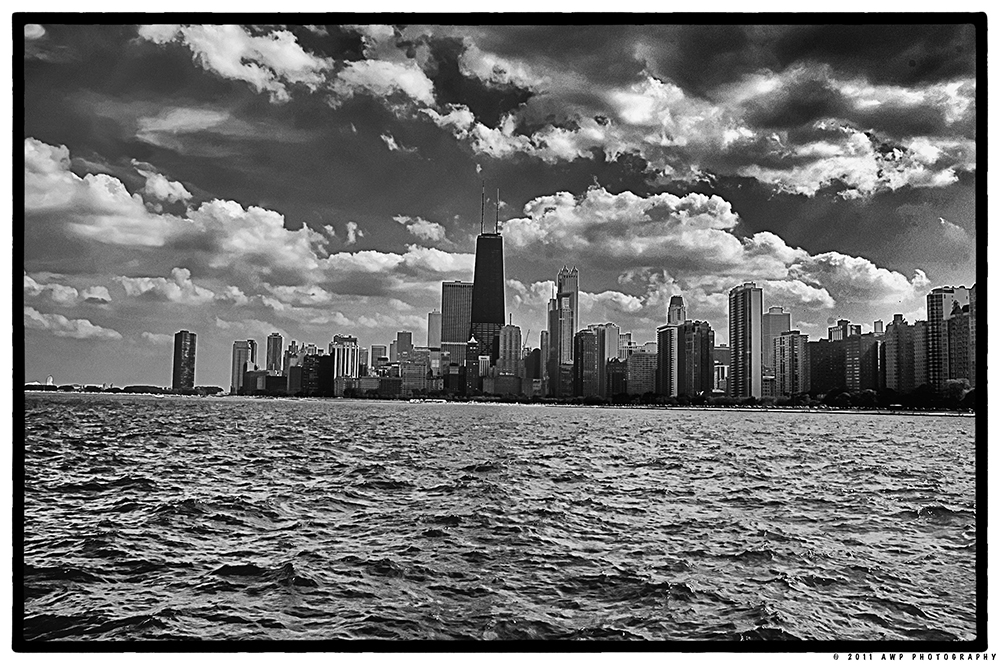 lake front skyline black and white